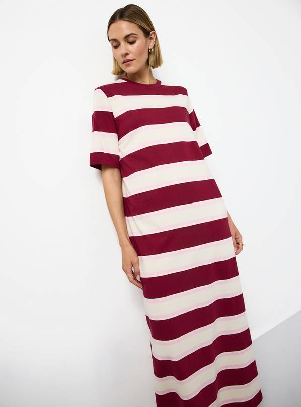 Dark Red Stripe Print Jersey Midaxi T-Shirt Dress 10